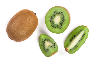 Obraz premium Kiwi fruit with slices isolated on white background, close-up. Top view. Flat lay pattern
