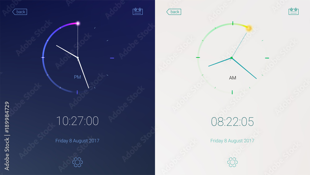 Wall mural clock application on light and dark background. concept of ui design, day and night variants. digita