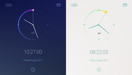 Clock application on light and dark background. Concept of UI design, day and night variants. Digital countdown app, user interface kit, mobile clock interface. UI elements, 3D illustration - obrazy, fototapety, plakaty