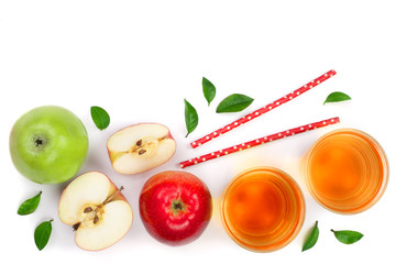 apple with juice and leaves isolated on white background with copy space for your text. top view. Flat lay pattern