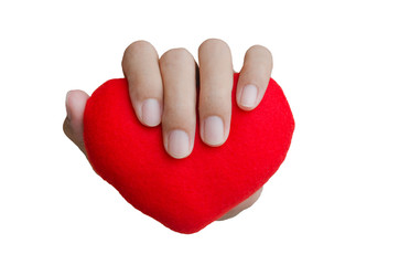 hand man holding red heart love isolated on white background with clipping path. love concept. valentine day.