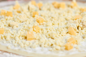 Macro view sprinkled cheese on pizza crust. Chopped cheese sprinkled on pizza, close up.