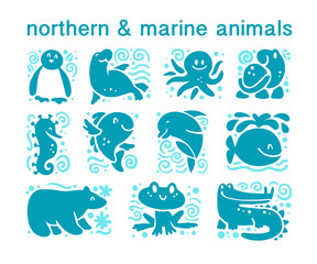 Vector collection of flat cute animal icons isolated on white background. Northern and marine animals and birds symbols. Hand drawn emblems. Perfect for logo design, infographic, prints etc.