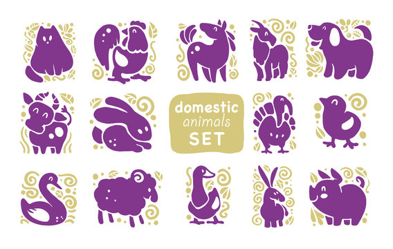 Vector collection of flat domestic cute animal icons isolated on white background. Farm animals and birds symbols. Hand drawn home animal emblems. Perfect for logo design, infographic, prints etc.