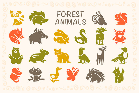 Vector collection of flat cute animal icons isolated on white background. Forest animals and birds symbols. Hand drawn emblems. Perfect for logo design, infographic, prints etc.