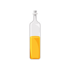 Glass bottle of vegetable oil, organic healthy oil product cartoon vector Illustration