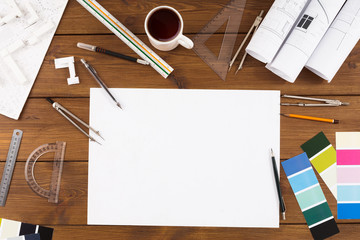 Decorator workplace with color swatches and tools