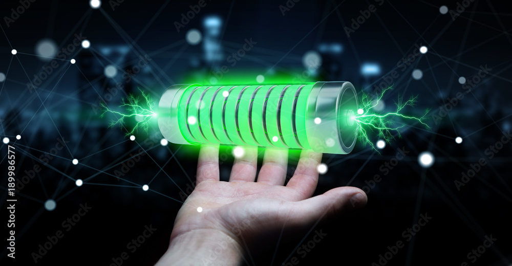 Aufkleber businessman using green battery with lightnings 3d rendering