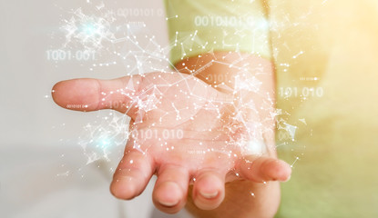 Businessman using digital binary code connection network 3D rendering
