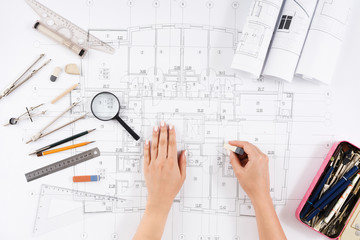 Architect drawing architectural project top view