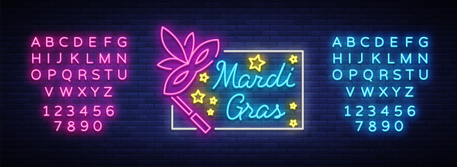 Mardi Gras vector symbol with holiday greetings, festive card. Fat Tuesday, festive illustration in neon style, luminous banner, neon sign. Design a template for a carnival. Editing text neon sign