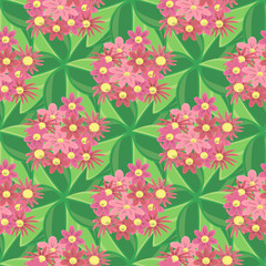 Beautiful pink flowers with green leaves, style flat. Seamless vector illustration.