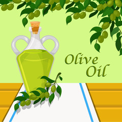 Olive oil, glass bottle of vegetable oil on the background of olive branches vector Illustration design element for banner, poster
