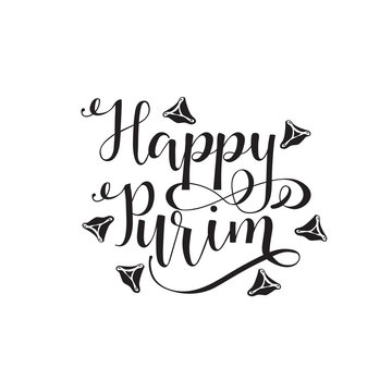 Hand written lettering with text Happy Purim.Vector illustration of jewish holiday Purim with traditional hamantaschen cookies
