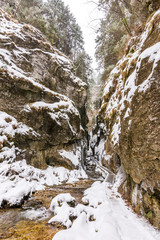 Fototapeta na wymiar Slovakia national park Mala Fatra, Janosikove diery, path in the forest, snow and winter.