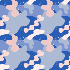 Memphis pattern. Abstract seamless chaotic pattern for girls and boys. Modern wallpaper in trendy pastel colors, blue and pink. Background texture with spots, dots and blots. Creative repeat design 