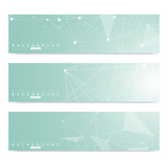 Scientific set of modern vector banners. DNA molecule structure with connected lines and dots. Science vector background. Medical, tecnology, chemistry design.