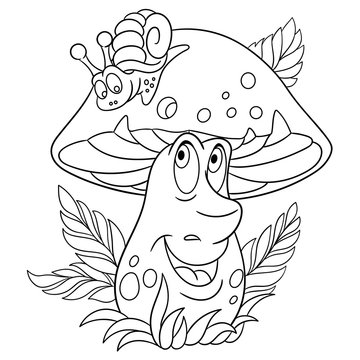 Coloring page. Cartoon Porcini boletus. Happy Mushroom character. Eco Food symbol. Design element for kids coloring book, t-shirt print, icon, logo, label, patch, sticker.