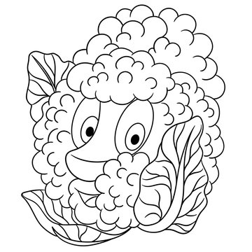 Coloring page. Cartoon Cauliflower. Happy Vegetable character. Eco Food symbol. Design element for kids coloring book, t-shirt print, icon, logo, label, patch, sticker.