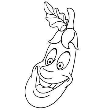 Coloring page. Cartoon Eggplant. Happy Vegetable character. Eco Food symbol. Design element for kids coloring book, t-shirt print, icon, logo, label, patch, sticker.