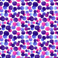 Watercolor bright spot blob seamless pattern. Violet, blue and pink color on white background. Art brush abstract painting. Hand drawing spots and circles. Unusual and teen design