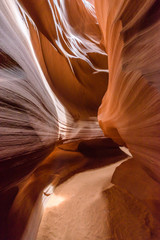 Small Path through Upper Antelope Canyon. Natural rock formation in beautiful colors. Beautiful wide angle view of amazing sandstone formations. Near Page at Lake Powell, Arizona, USA