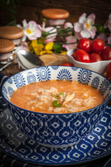 Fresh tomato soup with rice.