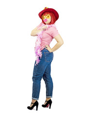 Portrait of a young plump woman in a red wig and hat with carnival lips on her face