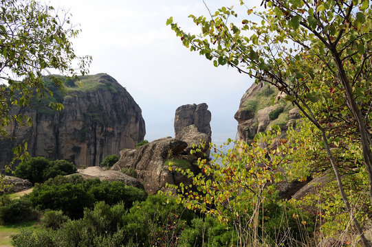 Amazing terrain in Meteora valley, Greece / one of most popular Mediterranean tourist routes. A stronghold of Orthodox Christianity. It is famous for its unique rocky landscape and places of worship 