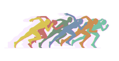 Group of running people in the style of glitch art.