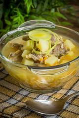 Soup with barley and chicken gizzards.