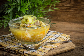 Soup with barley and chicken gizzards.