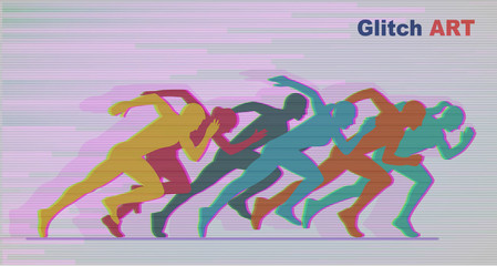 Group of running people in the style of glitch art.