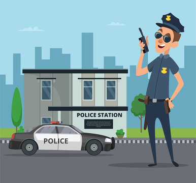 Building of police station and cartoon character of policeman
