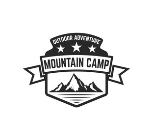 Mountain camp emblem template. Design element for logo, label, emblem, sign.