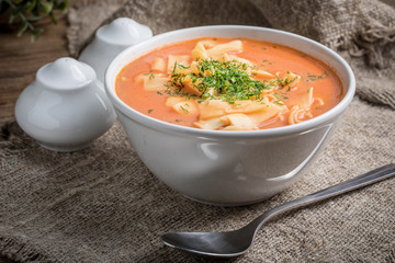 Fresh tomato soup with rice.