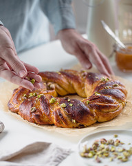 Swirl Brioche with chocolate and pistachios, Chocolate roll bread, chocolate pull apart rolls, Chocolate Babka, Povitica: traditional Polish sweet Christmas bread