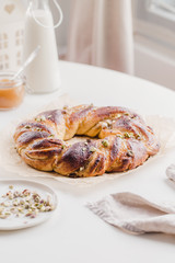 Swirl Brioche with chocolate and pistachios, Chocolate roll bread, chocolate pull apart rolls, Chocolate Babka, Povitica: traditional Polish sweet Christmas bread