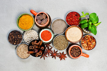 Various oriental spices on the gray textured table