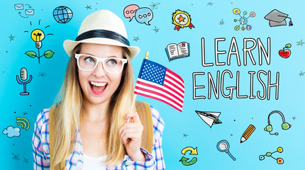 Study English theme with young woman holding American flag
