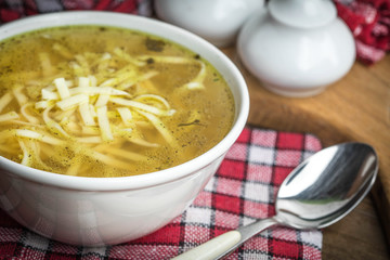 Broth - chicken soup in a bowl.