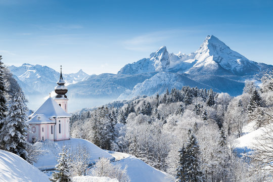 Church of Maria Gern with Watzmann mountain in winter, Berchtesgadener Land, Bavaria, Germany