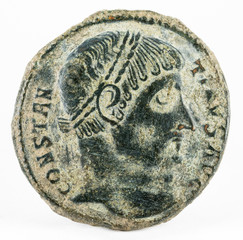 Ancient Roman copper coin of Emperor Constantine I Magnus. Obverse.