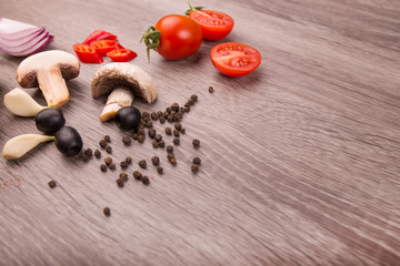 Healthy food background / studio photo of different fruits and vegetables on wooden table. Copy space. High resolution product
