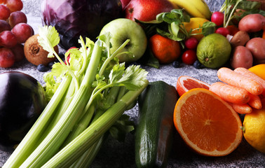 Composition with variety of raw organic vegetables and fruits. Balanced diet