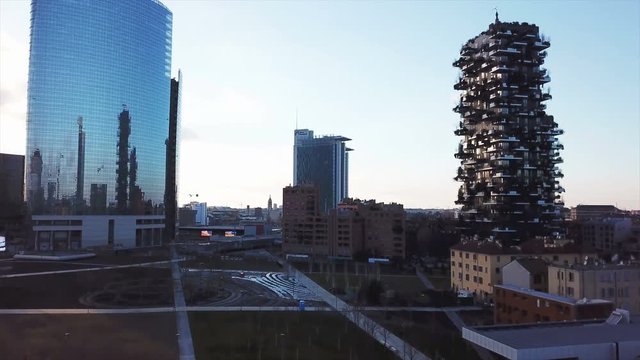 milan aerial view near garibaldi square. shot from 4k drone. bosco verticale aerial view