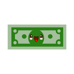 Cartoon money character smiling kawaii face. Self-confident green dollar in flat style. Financial strength concept. Vector illustration EPS