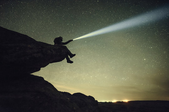 Night Vintage Landscape with Stars in Sky