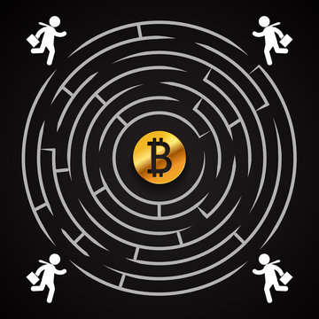 Bitcoin circle labyrinth - businessman run for bitcoin - who will find it?