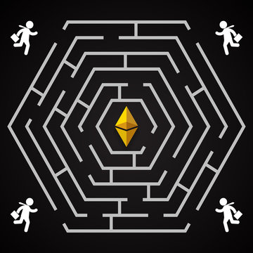 Ethereum hexagonal labirynth - businessman run to collect ethereum - who will find it?